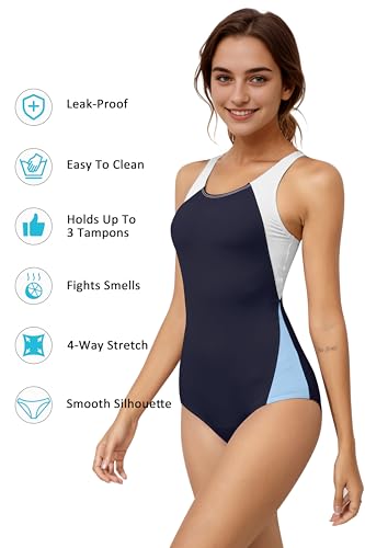 Image of Beautikini Period Swimwear One Piece Leakproof Menstrual Swimsuit Racerback Color Block Bathing Suit for Teen Girls Women