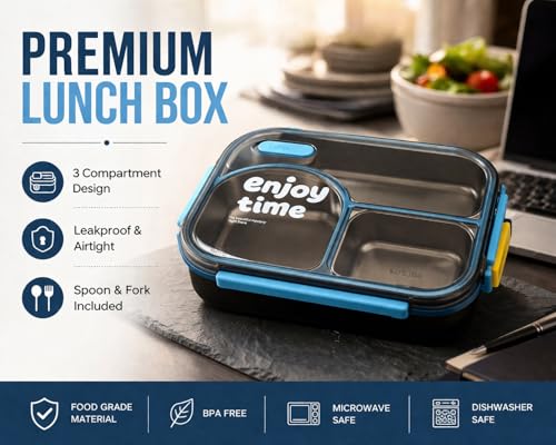 Image of Premium Stainless Steel Bento Lunch Box | Leakproof 3 Compartment Tiffin Container with Secure Lock Lid | BPA-Free Food Storage Box for School, Office & Travel (with Spoon Fork Set)