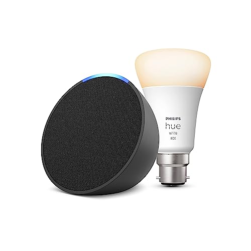 Echo Pop | Charcoal + Philips Hue White Smart Light Bulb LED (B22), Works with Alexa - Smart Home Starter Kit
