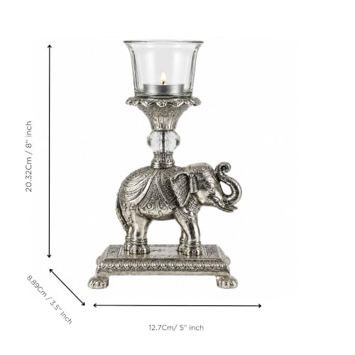Image of eCraftIndia Antique Silver Finish Elephant Tealight Candle Holder Showpiece for Home Decor | Decorative Metal Elephant Candle Stand with Glass Votive Holder | Living Room & Festive Decoration