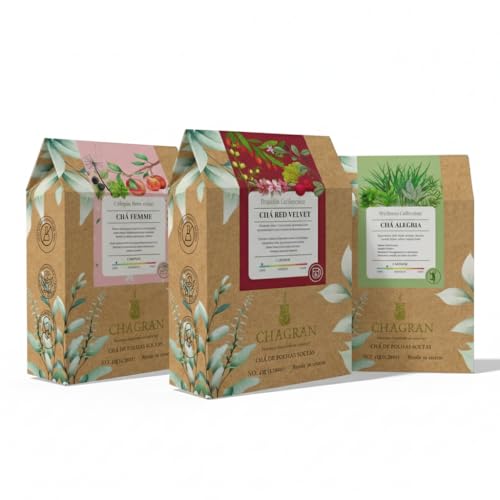 Kit agrada CHAGRAN, 3 Chás especiais para Mulher, Chá Alegria (chá verde, alecrim, hortelã, capim limão), Chá Femme (dente de leão, melissa, folha de amora, maçã e jasmim) e Red Velvet (hibisco, beterraba, frutas vermelhas, rooibos e pimenta rosa), Folhas Soltas, 45g Total, Rende 30 Xícaras