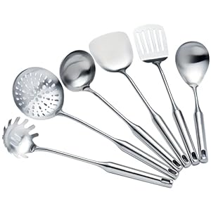 Cooking Utensils Set Stainless Steel Kitchen Metal Serving Utensils Set of 6 Pcs-Wok Spatula Ladle Set, Skimmer Slotted Spoon, Pasta Spoon, Serving Spoon, Slotted Spatula Tunner,Dishwasher Safe