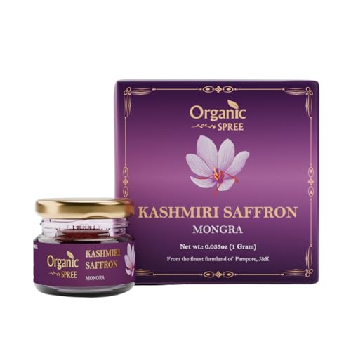 Organic Spree Kashmiri Saffron Kesar 1gm (0.035oz) Threads Pure and Natural l From the finest farmlands of Pampore, J&K l Certified Grade A++ Mongra Saffron (1)