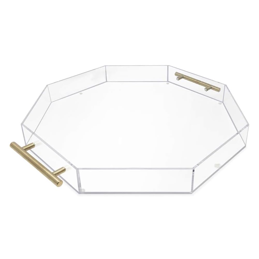 Bandeja de servir acrílica resistente, forma octágono con asas de metal pulido, a prueba de derrames, fácil de limpiar para cocina, baño, uso doméstico
