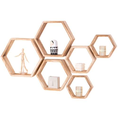 Wonfulity Hexagon Floating Shelves, Wall Mounted Wood Farmhouse Storage Honeycomb Shelves Set Of 6 Wall Shelf For Bathroom, Kitchen, Bedroom, Living Room,Driftwood Finish Wall Decor, Light Brown #TOP2