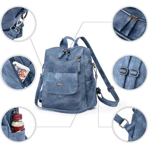 Image of Backpack Purse for Women, PU Leather Backpack Purse, Fashion Travel Anti Theft Backpack, Multipurpose Lightweight Waterproof Convertible Purse Shoulder Bag Handbag, Blue