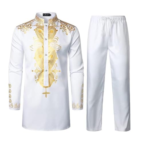 Costume africain deux pièces pour homme avec chemise dashiki imprimé doré et pantalon