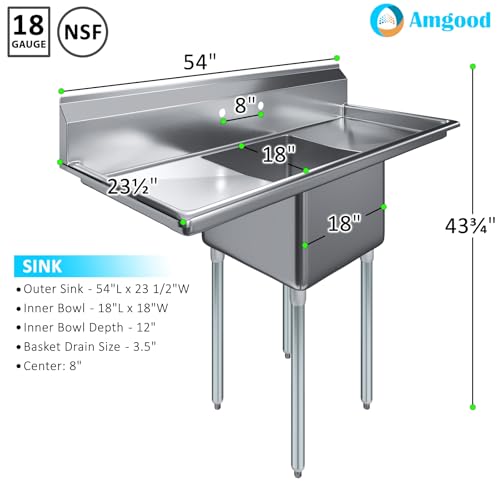 Image of AmGood Stainless Steel Prep & Utility Sink | 304 Stainless Steel | Restaurant, Kitchen, Laundry, Garage | NSF (23 in. x 54 in. | One Bowl | 2 Drainboards)