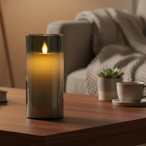 Image of LTETTES Real Wax LED Glass Pillar Flameless Rechargeable Candles | Grey Glass | USB Type-C Wireless Charging Cable | Remote Control Included | Home Decor & Gifting | Set of 1 (7.5 x 15.8 cm)