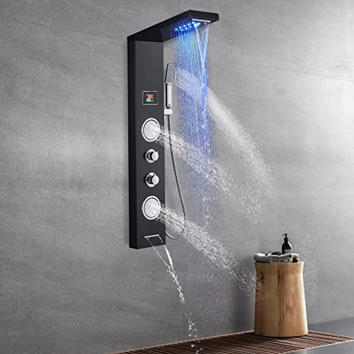 OUGOO Panneau de Douche LED Sans Batterie - Colonne Avec Robinet, Affichage de la Température et 5 Modes (Effet Pluie, Cascade, Buses de Massage, Douchette et Bec)
