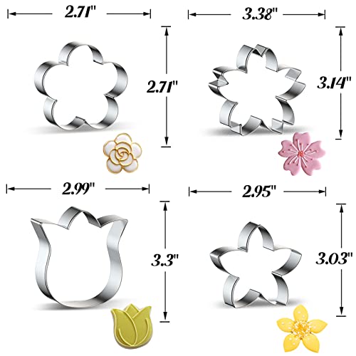 Flowers Cookie Cutters, Stainless Steel Flower Cookie Cutters Shapes, 4 Pack Plum Blossom, Frangipani, Cherry Blossoms, Tulip Biscuit Fondant Cutters #TOP1
