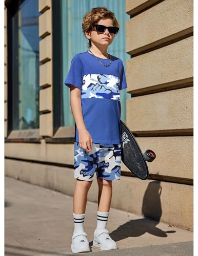 Image of Arshiner Boys' 2-Piece Cotton Outfit Color Block T-Shirt and Shorts Set Summer Camo Clothes for Kids 5-14 Years