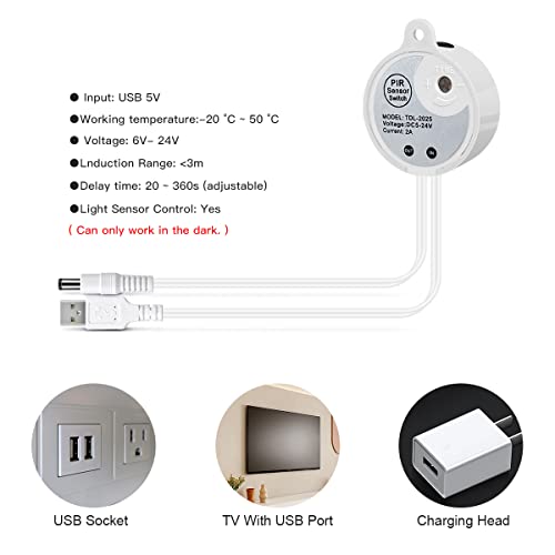 Image of 5V USB Motion Sensor COB LED Light Strip 3.3FT /1M Motion Activated Indoor Under Bed Lights Under Cabinet Lights 6500K White Neon LED Strip for Stairs, Under Bed, Closet, Cabinet