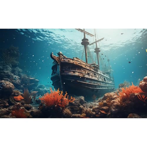 Underwater Seascape Aquarium Background Vibrant Undersea Reefs Corals Sunken Pirate Ship Fish Tank Background Under The Sea Rusty Debris Retro Ship Terrarium Backgrounds Ocean Tank Backgrounds 60x24in