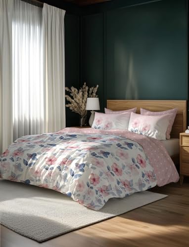 Image of LANE LINEN 400TC Morrison Bloom Super King Size Bedsheet with 4 Pillow Cases | 100% Cotton Digital Print Bedding Set (2.74 M x 2.74 M) | Modern Floral Pattern for Luxurious Comfort (Pink & Blue)
