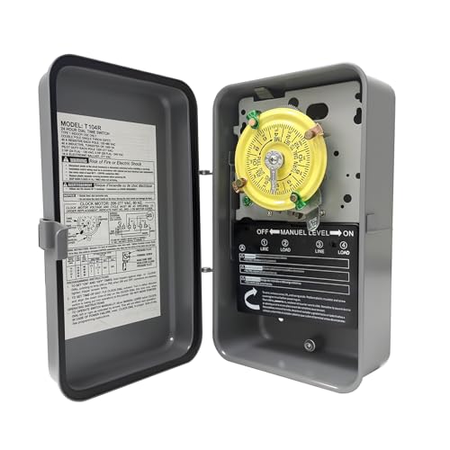 T104R Mechanical Timer Switch 208277 VAC 40 Amp Pool Pump Switch 24 Hour 12 ON/Off for Pump Heavy Duty Pool Timers Outdoor Timer for Pump Lights HVAC Systems 5 Years Warranty