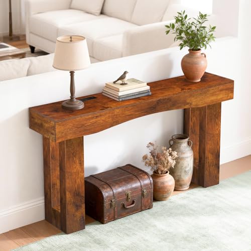 Image of 63 Inch Long Entryway Table Hollow, Wooden Console Table with Socket Farmhouse Sofa Table for Entrance, Hallway, Living Room,Behind Couch(Rustic Brown)