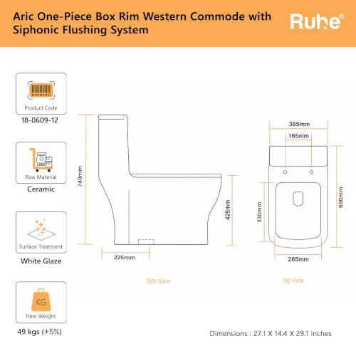 Image of Ruhe Aric One-Piece Western Toilet for Bathroom | S-Trap | White Glossy Ceramic | 27.1 x 14.3 x 29.1 inches | Soft-Close Seat Cover | Rubber Gasket Set | Dual Flushing | Siphonic Flush | Floor Mount