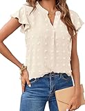 MEROKEETY Women Casual V Neck Flutter Short Sleeve Blouse Swiss Dot Loose Tunic Shirt Top Apricot Large