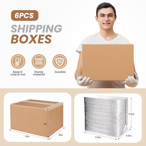 Image of YSSOA 6 Pack Insulated Shipping Boxes with Aluminum Foil Liner,Thermal Insulation Cold Pack Shipping Boxes for Frozen, Reusable Styrofoam Cooler Box, Small Mailing Box, 12''x10''x7''