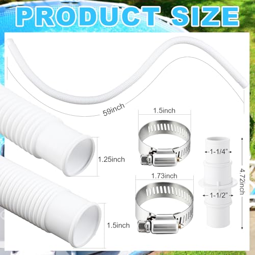 Nuanchu 4 Pack Pool Hoses for Above Ground Pools (1.5" & 1.25" x 59"), Universal Filter Pump Replacement Hose Kit with 4 Pcs 1-1/4" or 1-1/2" Pool Hose Adapter & Metal Clamps (White) by Nuanchu - Image 2