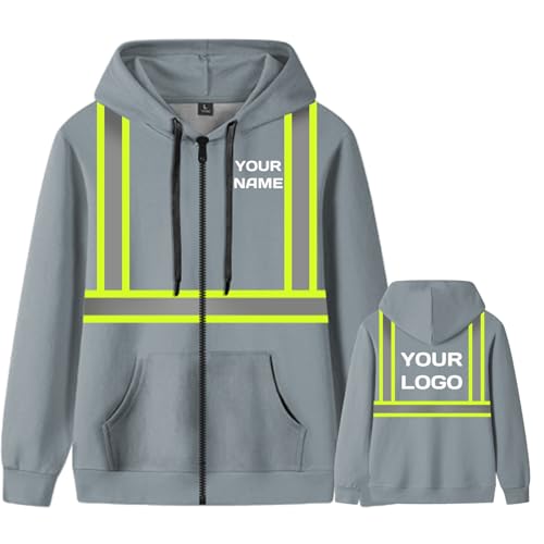 YOWESHOP Reflective Safety Hoodie with Custom Name and Logo?Sweatshirt with Zipper Pockets for Men?L?Grey3