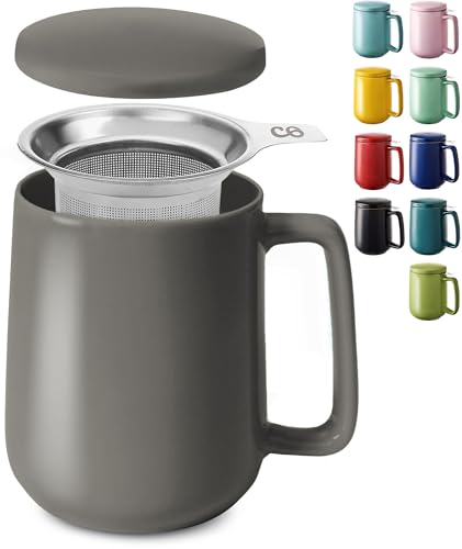 Cosumy Taza de Te con Filtro y Tapa 500ml - Ceramica Antracita - Mantiene Caliente la Infusion - Apta para Lavavajilla