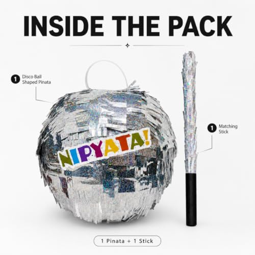 Image of Wanna Party Disco Ball Shaped Pinata Khoi Bag with Stick for Kids & Adults Birthday Party, Fillable Silver Mirror Ball Pinata Game for Disco Theme Party Decoration, Dance & Retro Theme