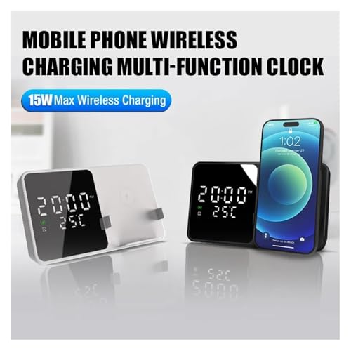 ワイヤレス充電、急速充電、15W時計目覚まし時計温度計、16 15 14 13と互換性あり、S24 S23と互換性あり(WHITE)
