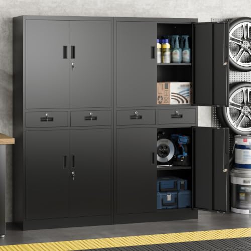 Image of Metal Storage Cabinet with Lock Door, Adjustable Shelves, 2 Drawers