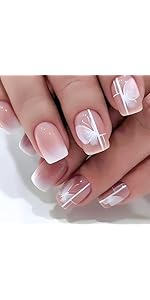 Short Square Press on Nails White Gradient Glue on Nails with Lines Design Cute Butterfly Nails P...