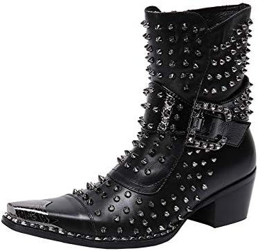 Jsix Mens Real Leather Western Cowboy Boots Buckle Punk Boot Metal Toe Riveting (8 US, Black)