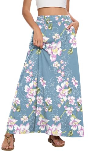 Image of Womens Maxi A-line Long Skirt Casual 2026 Elastic High Waist Flowy Skirts with Pockets