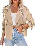 Womens Cropped Trench Coat Long Sleeve Casual Loose Lapel Double Breasted Short Jacket Outwear with Pockets (Light khaki S)