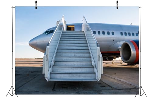 BELECO 5x3ft Fabric Airplane Backdrop Passenger Aircraft with Boarding Steps at The Airport Apron Background for Party Decorations Birthday Shoot Studio Booth Photo Props - Thumbnail 3