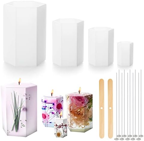 4 PCS Candle Moulds Hexagon Pillar Silicone Candle Moulds for Candle Making with 50 Candle Wicks and 2 Stand for DIY 3D Candle Handmade Resin Crafts (4 Sizes)