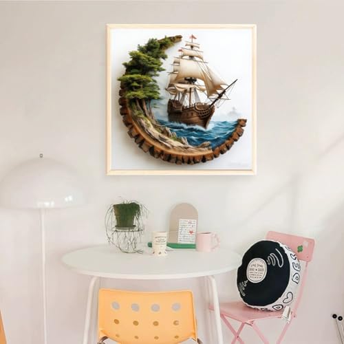 Image of KYOQFVN Sailboat Stamped Cross Stitch Kits, Ocean Sail Boat Needlepoint Counted Cross Stitch Kits for Beginners Adults, Patterns Dimensions Needlecrafts Embroidery Kits Arts and Crafts 14x14 Inch