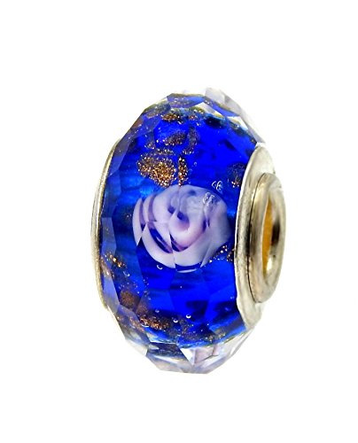 J&M Set of 2 Handmade Faceted Blue Murano Glass Charm Bead with Roses for Charms Bracelets