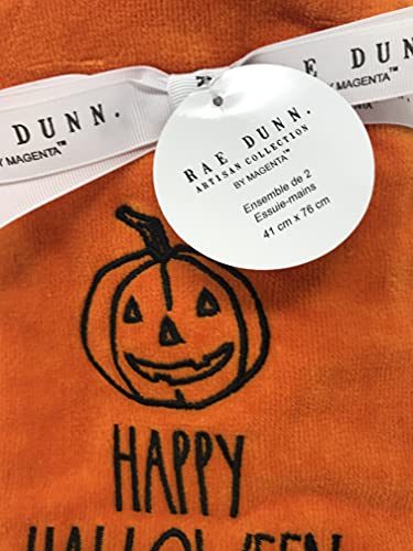 Rae Dunn Set Of 2 Halloween Hand Towels, (16" X 30") (Orange/Happy Halloween/Velour) #TOP2
