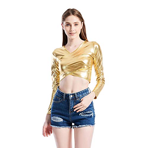 T-shirt manches longues métallisé doré pour femme avec col en V et volants chic taille S
