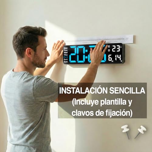 Opis Technology Clock 1 XL – Reloj Digital Pared Grande LED (31cm), Azul/Blanco. Funciona con Cable (No a Pilas). con Mando, Temperatura y Brillo Automático - imagen 5