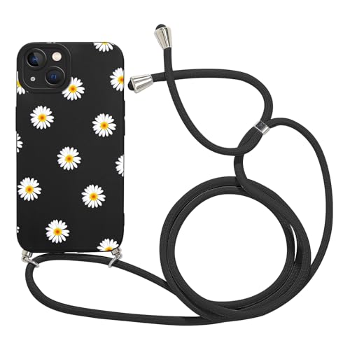 Kueqeay Coque avec Cordon pour iPhone 15 6,1" avec Motif Marguerite Noir Case, Aesthetic Silicone étui avec Collier Réglable Corde Souple TPU Antichoc Housse de Protection pour Femmes, 05