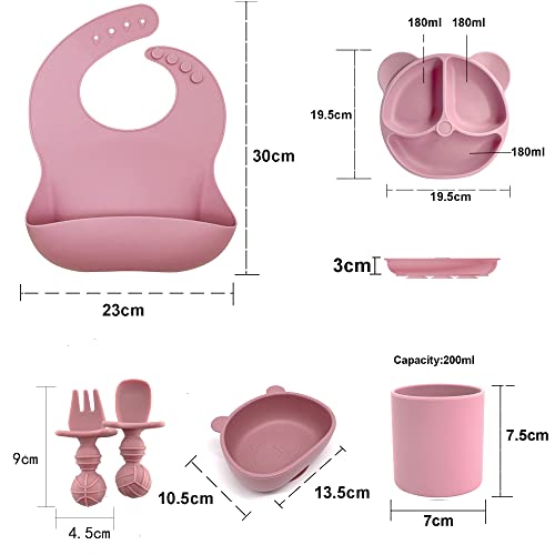 Tinggnit 6Pcs Silicone Baby Feeding Set, Silicone Bib, Toddler, Bowl, Straw Cup With Suction Baby Plate Fork&Spoon Baby Eating Supplies, Baby Plates With Suction,Baby Gifts,(Dark Pink） #TOP5