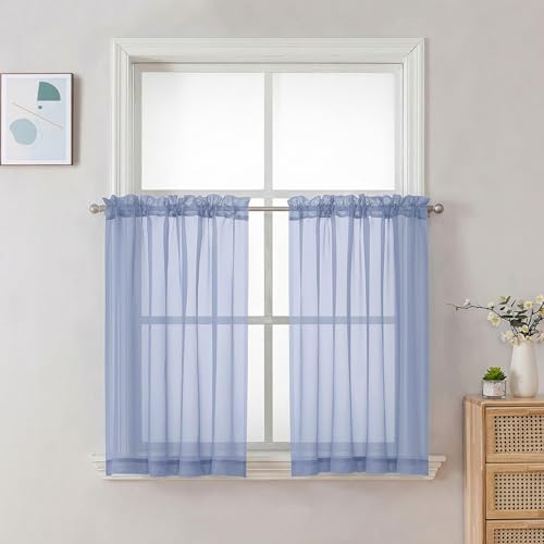 Image of Chyhomenyc Sheer Curtains 36 inch Length 2 Panels Set - Light Filtering Voile Rod Pocket Short Window Curtians for Bathroom Living Room Farmhouse Small Windows, 42Wx36L inches, Denim Blue
