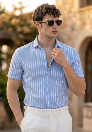 Image of Afflatus Men's Striped Half Sleeve Cotton Shirt | Slim Fit Casual Summer Shirt for Men | Lightweight Breathable Button-Down Shirt for Office and Travel