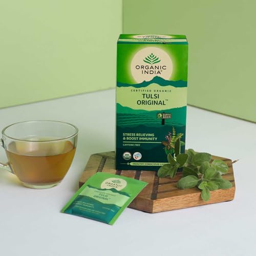 Image of A TATA Product - Organic India Tulsi Original - 25 Tea Bags, Caffeine-Free Herbal Tea with Tulsi, Natural Detoxifier, Rich in Antioxidants, Convenient Staple-Free Bag (Pack of 3)