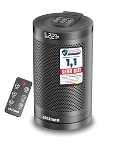 aktimeo NEU Heizlüfter energiesparend [TESTSIEGER], 1500W elektrischer Keramik Heizlüfter mit Thermostat, Überhitzungs-, Kipp- und Kinderschutz, 12 Std. Timer, Heater, inkl. Fernbedienung, schwarz