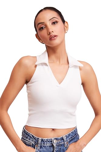 Image of BERRY BIRD Stylish Sleeveless V-Neck Slim Fit Collar Ribbed Knit Tank Crop Tops for Women & Girls Beach and Gym Wear and Western Trendy Fashion