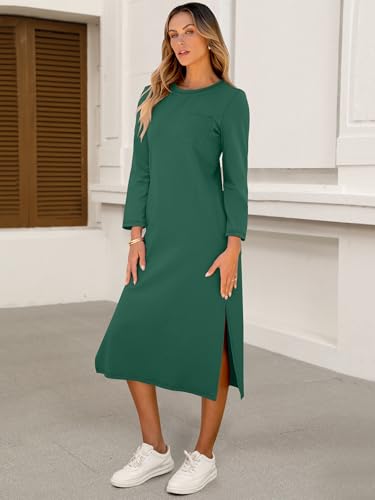 Image of ANRABESS Womens 3 /4 Sleeve Midi T Shirt Fall Dresses | Striped Solid Floral,Long Sleeve Slit Crew Neck &Chest Pocket,2026 Fall Outfits,Casual Travel Vacation Clothes,Summer Spring