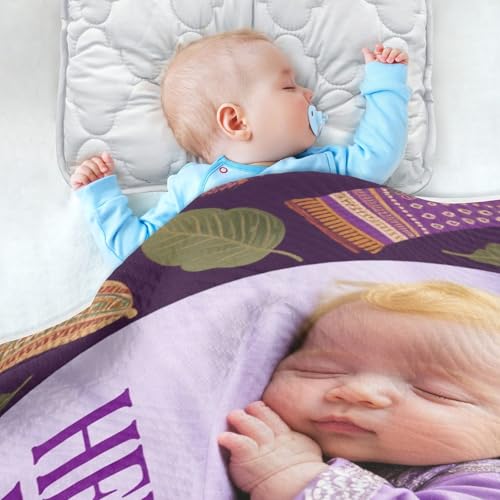 Custom Cute Baby Photo Cartoon Elephant Ehnic Style Purple Girl Muslin Swaddle Blankets Cozy para personalizar Photo Baby Blanket with Name for Girls or Boys 30x40in Mantas para4